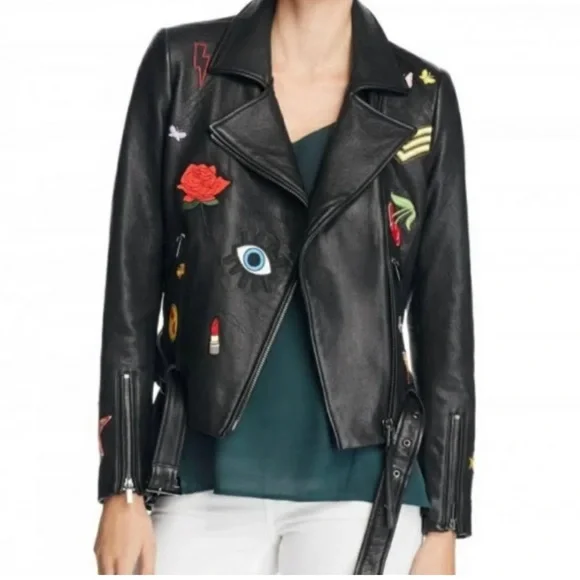Glee Aqua Black leather emoji motor jacket Sz L - Picture 5 of 8